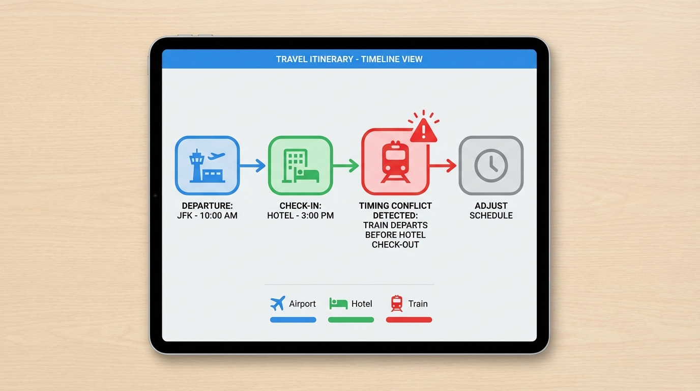 TripFlow's visual flowchart automatically detects timing conflicts and connection issues