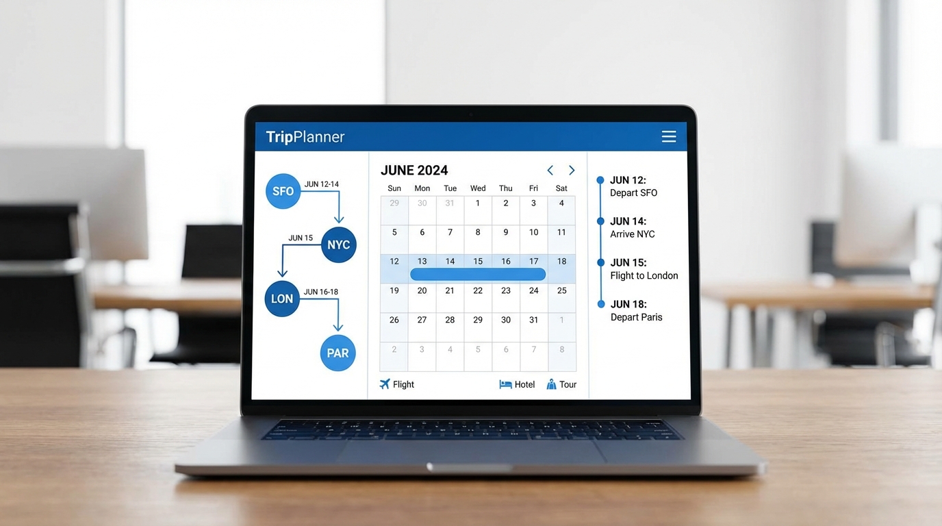 Switch between flowchart, calendar, and itinerary views to see your trip from every angle